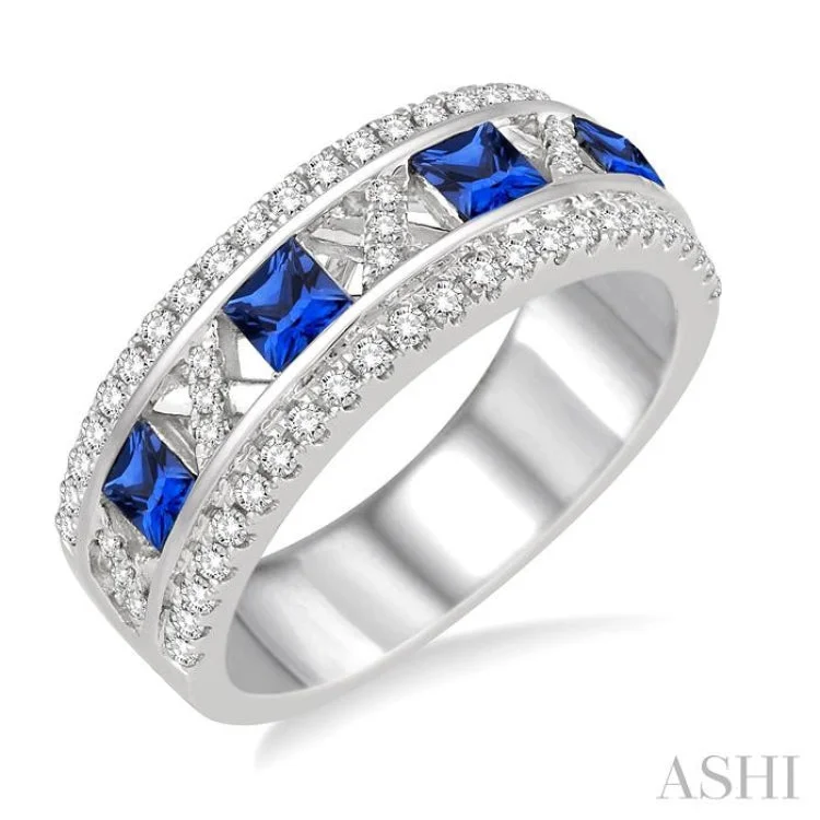 Women’s radiant cut engagement ring-3x3 MM Princess Cut Sapphire and 3/8 Ctw Round Cut Diamond Ring in 14K White Gold