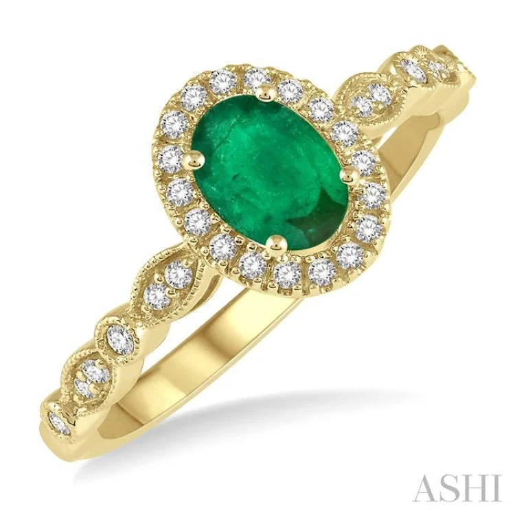 Women’s affordable engagement ring-1/6 Ctw Oval Shape 6x4mm Emerald & Round Cut Diamond Precious Ring in 10K Yellow Gold