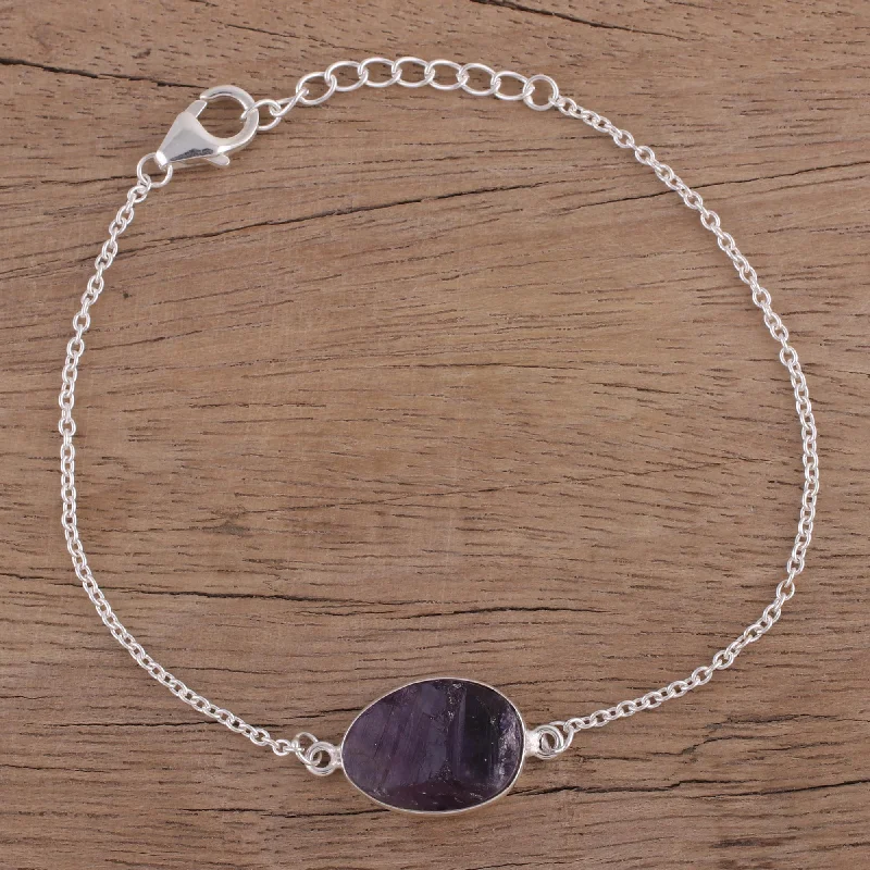 Women's luxury diamond bracelet-Trendy Egg Amethyst and Sterling Silver Pendant Bracelet from India