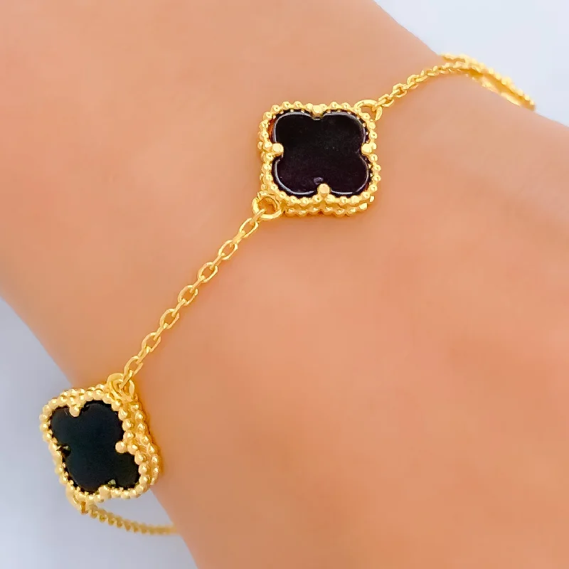 Women's luxury gold bracelet-Lavish Trio Onyx 22k Gold Clover Bracelet