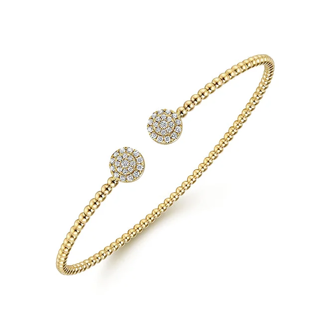 Women's gold bracelet-Gabriel & Co. Yellow Gold BujukanCuff Bracelets with Diamond Pave Discs