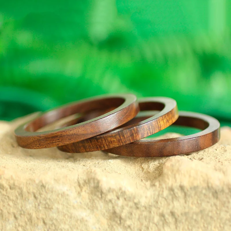 Women's stacked bangle-Fashionable Trio Set of 3 Hand-Carved Mango Wood Bangle Bracelets from India