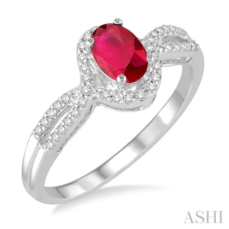 Women’s wedding band with engagement ring-6x4 MM Oval Cut Ruby and 1/6 Ctw Round Cut Diamond Ring in 10K White Gold