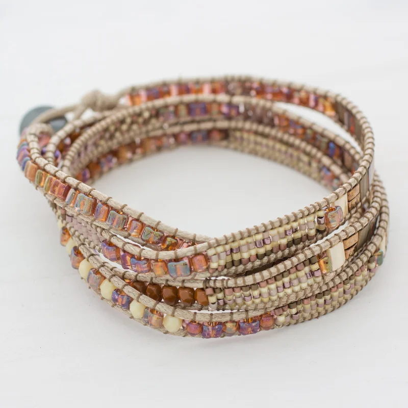 Women's gemstone bangle set-Autumn Sweetness Glass Beaded Wrap Bracelet in Beige from Guatemala