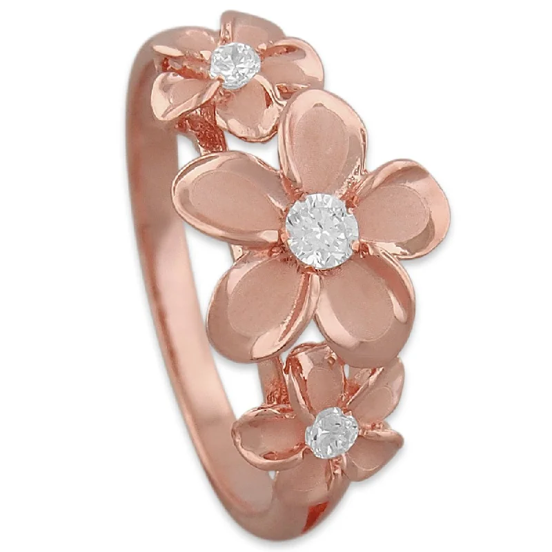 Custom-designed women’s rings-14kt Rose Gold Plated Sterling Silver Hawaiian Three Plumeria Ring