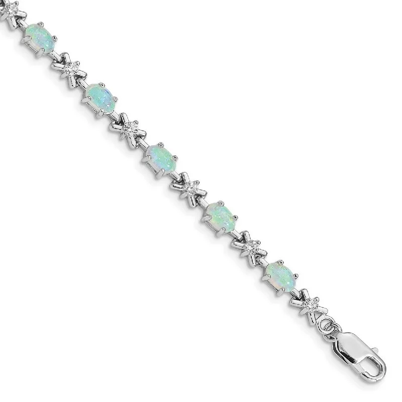 Women's bangles for wedding-Curata 925 Sterling Silver Polished Safety bar Box Catch Closure White Simulated Opal and Cubic Zirconia Bracelet 7 Inch Lobster