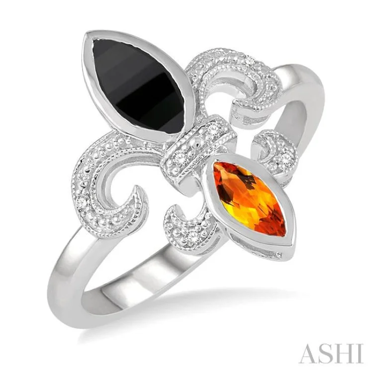 Women’s unique gemstone engagement ring-1/50 Ctw Marquise Cut 8x4MM Onyx & 6X3MM Citrine Round Cut Diamond Fleur De Lis Ring in Sterling Silver