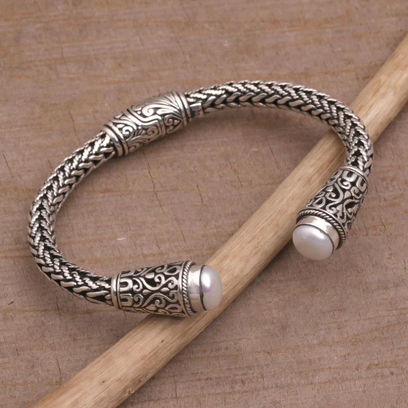 Women's elastic bracelet-Dragon Beauty Cultured Pearl and Sterling Silver Cuff Bracelet from Bali