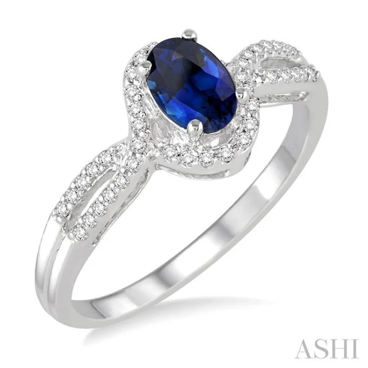 Women’s elegant engagement ring-6x4 MM Oval Cut Sapphire and 1/6 Ctw Round Cut Diamond Ring in 10K White Gold