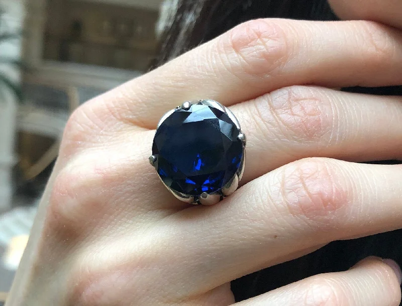 Women’s engagement ring for proposal-Large Sapphire Ring - Blue Statement Ring, Blue Diamond Ring