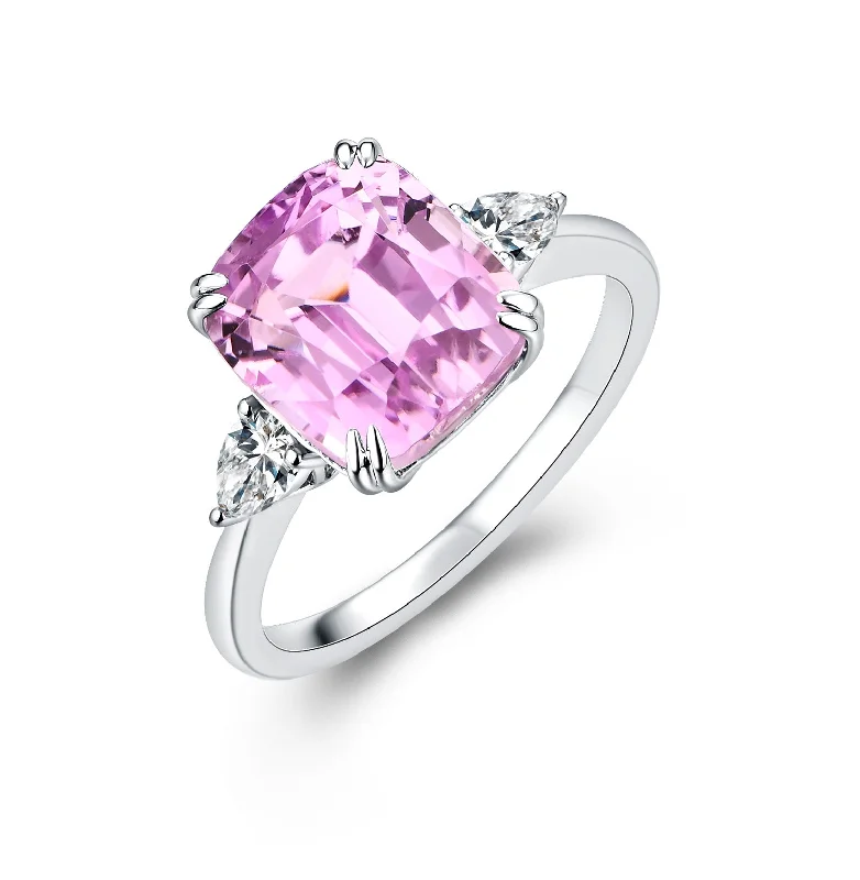 Women’s engagement ring with diamonds-Rectangle Natural Kunzite Diamond Ring