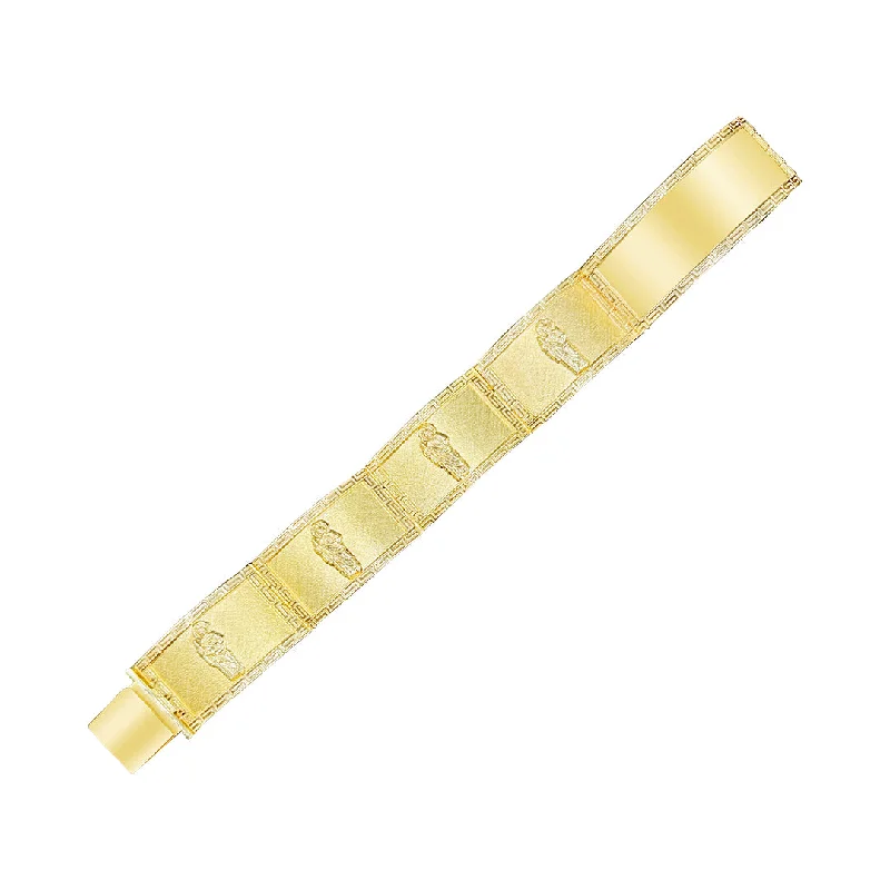 Women's cuff bracelet-10K yellow gold ID bracelet with Saint Jude and Greek Key