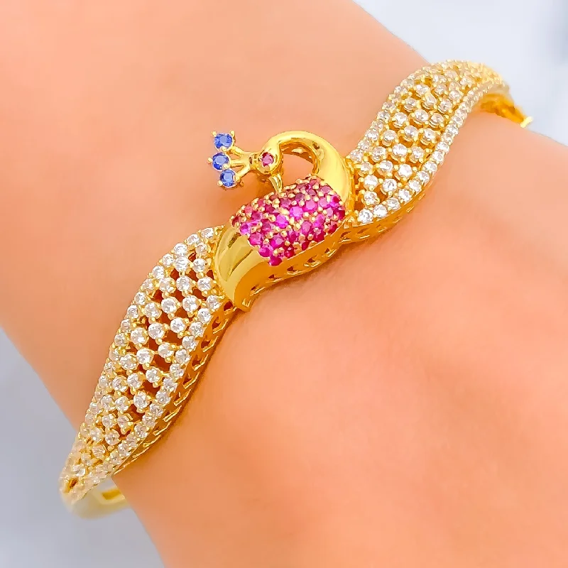 Women's gemstone cuff bracelet-Decorative Checkered Peacock 22k Gold CZ Bangle Bracelet