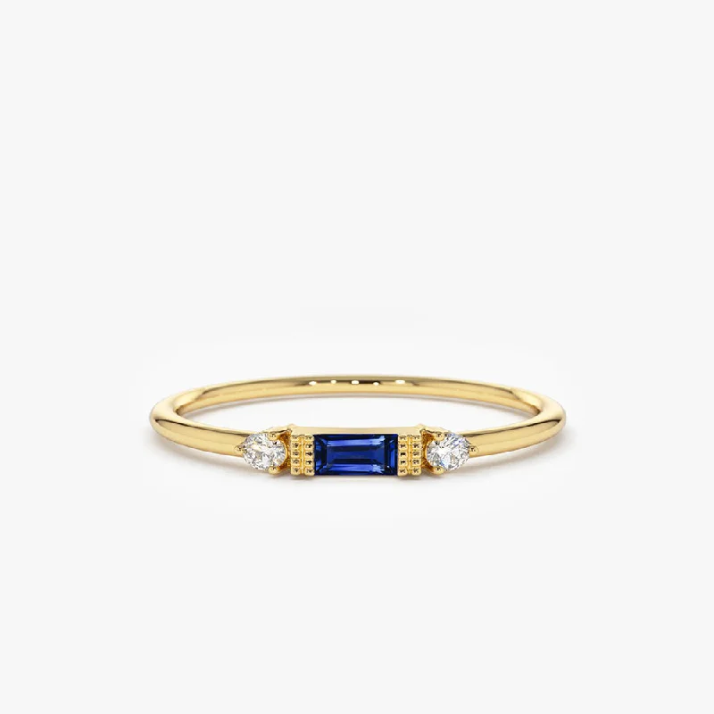 Women’s cushion diamond engagement ring-14k Baguette Blue Sapphire with Diamond Ring