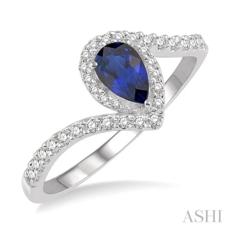 Women’s art deco engagement ring-1/5 Ctw Pear Shape 6x4mm Sapphire & Round Cut Diamond Precious Ring in 10K White Gold