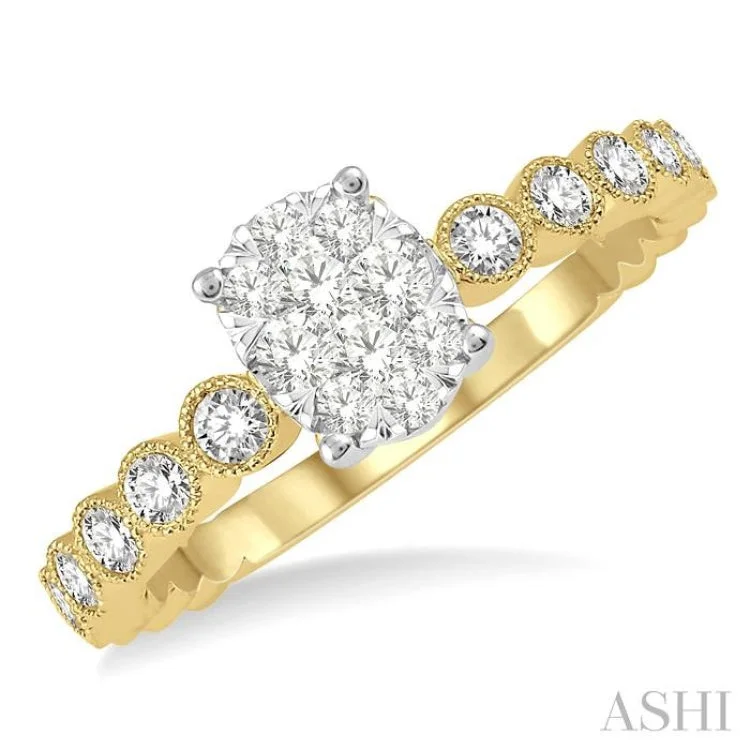 Women’s vintage engagement ring styles-1/3 Ctw Oval Shape Lattice Shank Lovebright Diamond Cluster Ring in 14K Yellow and White Gold