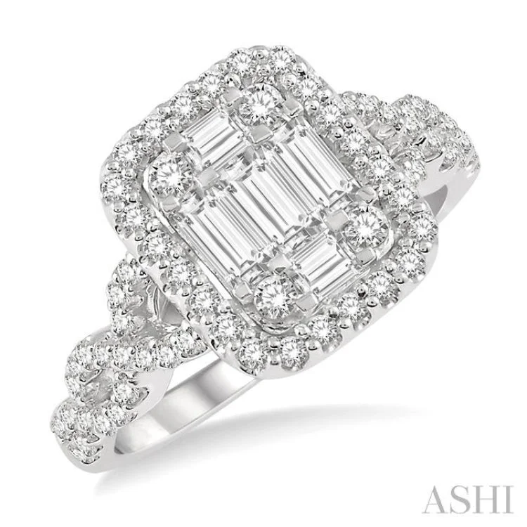 Women’s vintage-inspired engagement ring-1 Ctw Baguette & Round Cut Fusion Diamond Ring in 14K White Gold