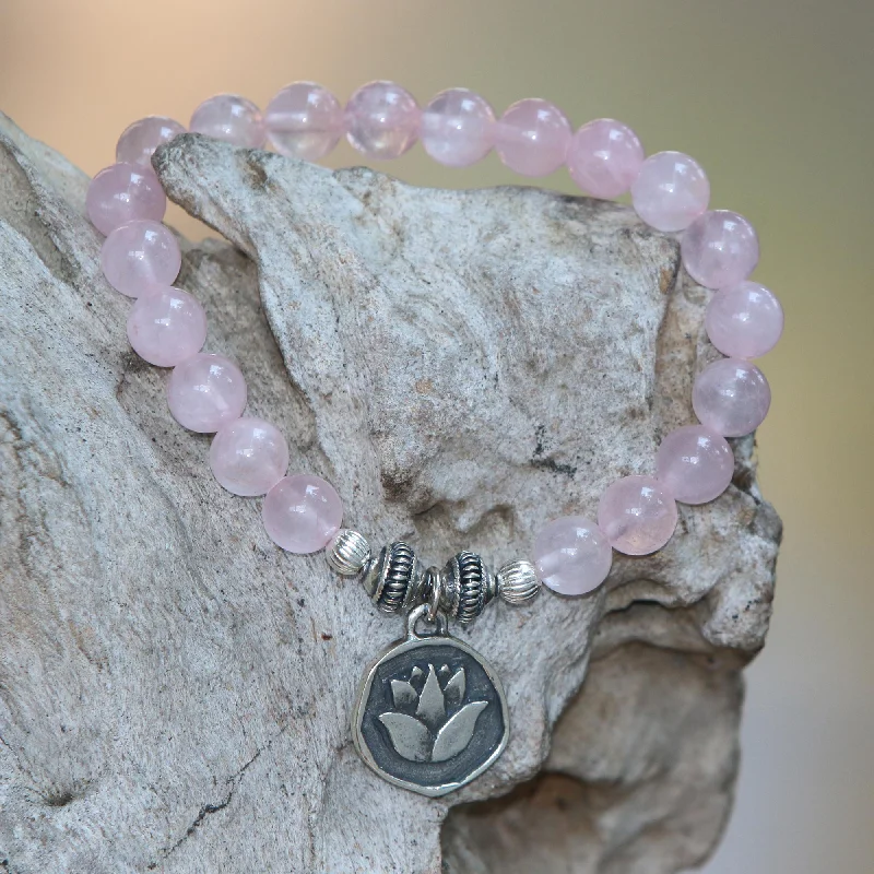 Women's vintage bracelet-Lotus Burst Rose Quartz and Lotus Charm Beaded Bracelet from BAli