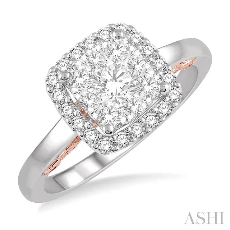 Women’s diamond halo engagement ring-3/4 Ctw Cushion Shape Lovebright Round Cut Diamond Ring in 14K White and Rose Gold