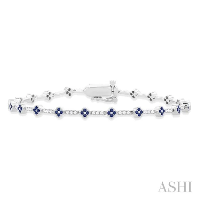 Women's gemstone bangles-1/2 Ctw Clover Leaf & Bar Link 1.00 MM Sapphire and Round Cut Diamond Precious Bracelet in 14K White Gold