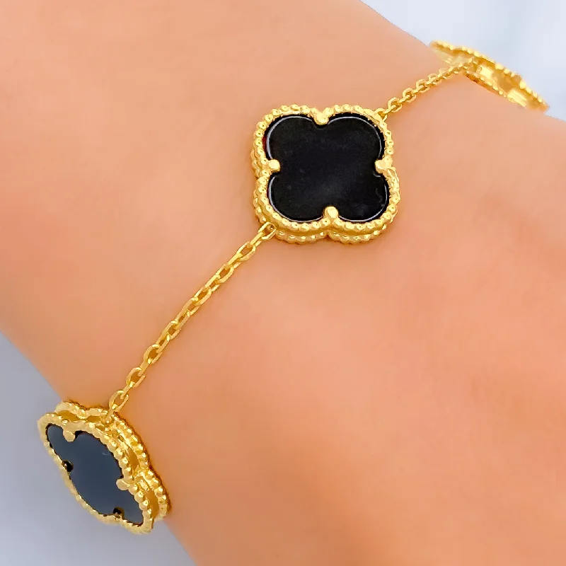 Women's custom bracelet design-High Finish 22k Gold Onyx Clover Bracelet