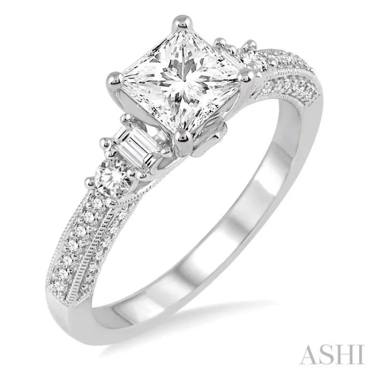 Women’s timeless engagement ring-7/8 Ctw Diamond Engagement Ring with 1/2 Ct Princess Cut Center Stone in 14K White Gold