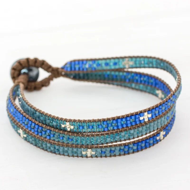 Women's elastic bracelet-Blue Coast Glass Beaded Wristband Bracelet in Blue from Guatemala