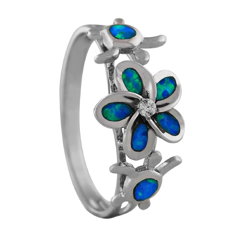 Women’s niche rings-Sterling Silver Synthetic Opal Plumeria Turtle Ring