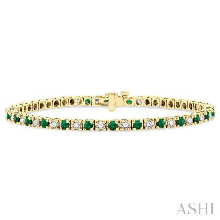 Women's luxury diamond bracelet-1 1/2 ctw Square Box Link 2.5MM Emerald and Round Cut Diamond Precious Tennis Bracelet in 14K Yellow Gold