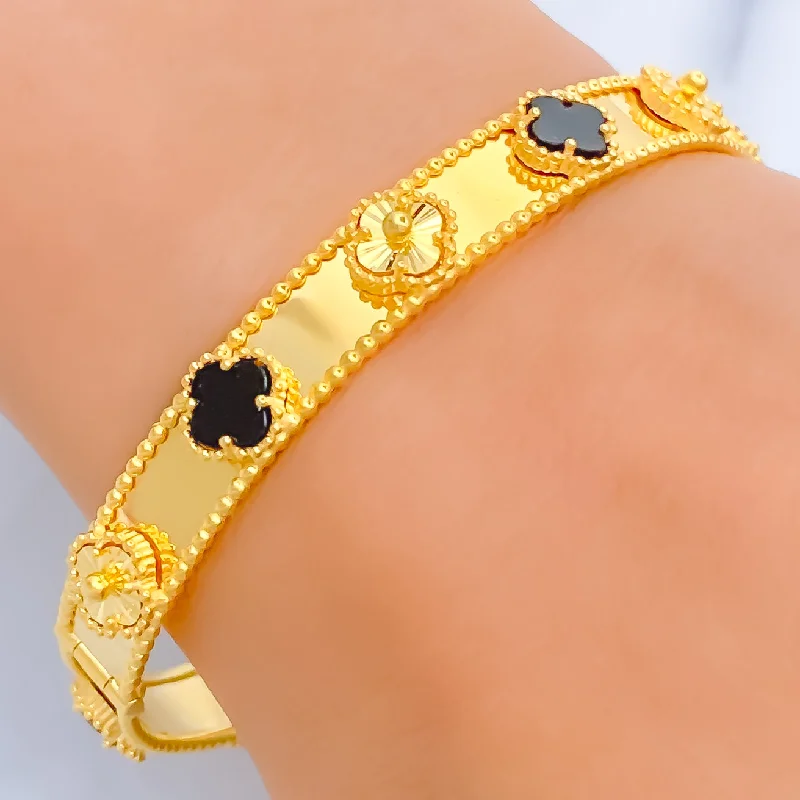 Women's cuff bangles-Stunning Shiny 21k Gold Clover Bangle Bracelet