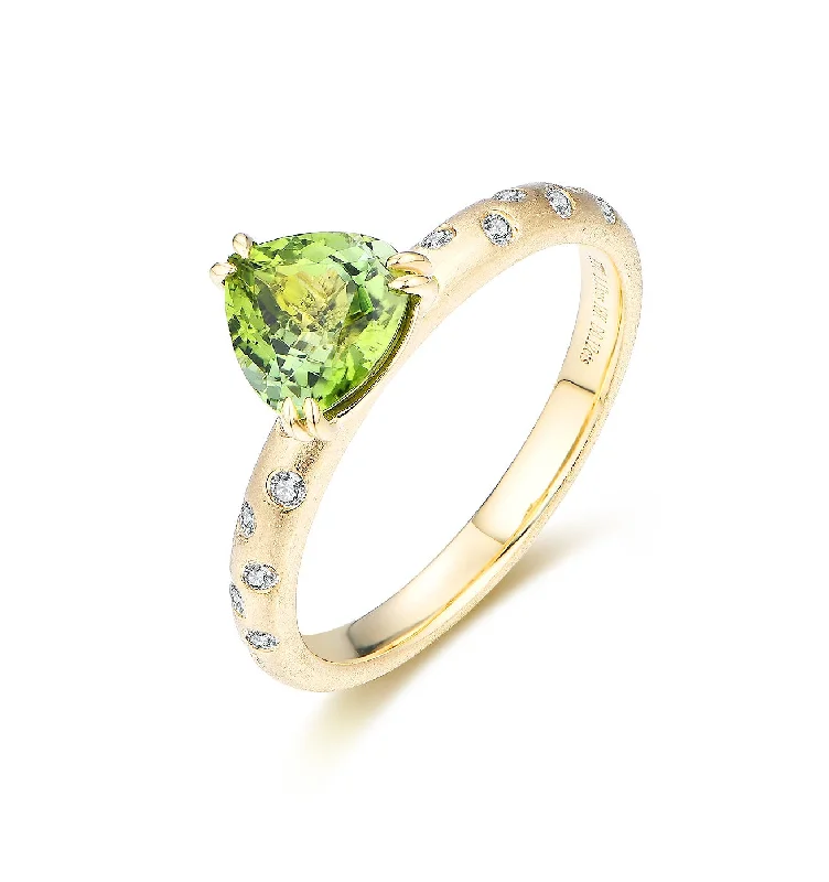 Women’s platinum engagement ring with diamonds-Green Tourmaline & Diamond Sand Finish Ring