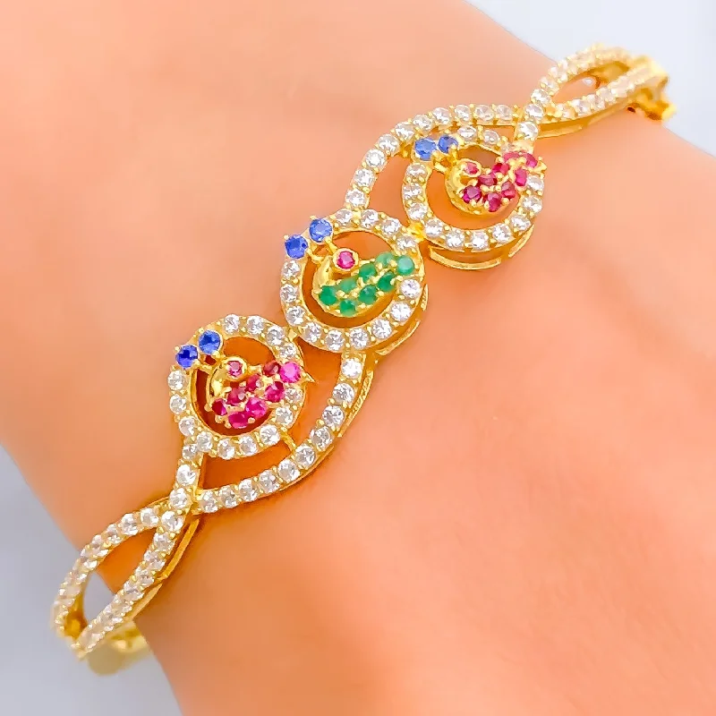 Women's wedding bangle-Special Curved Peacock Trio 22k Gold CZ Bangle Bracelet