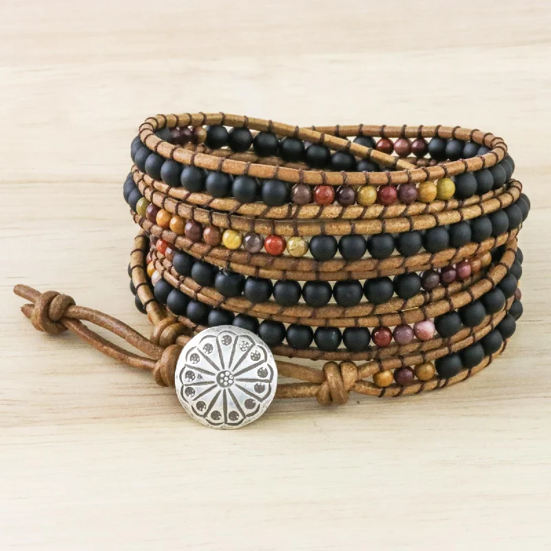 Women's cuff bracelet set-Midnight Walk Jasper and Glass Beaded Wrap Bracelet from Thailand