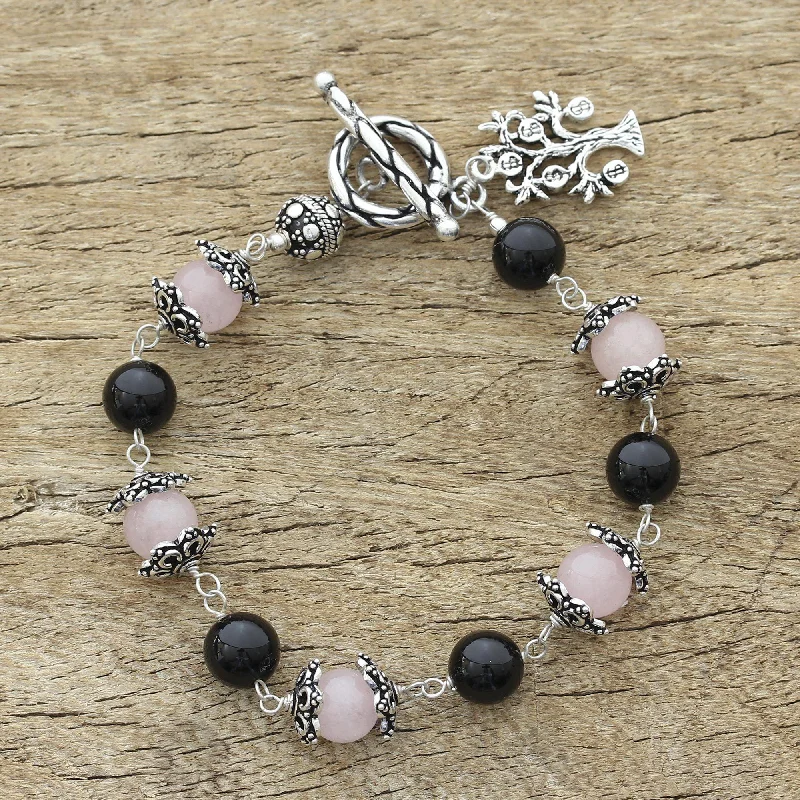 Women's diamond bracelet-Lucky Money Tree Rose Quartz & Onyx Bracelet