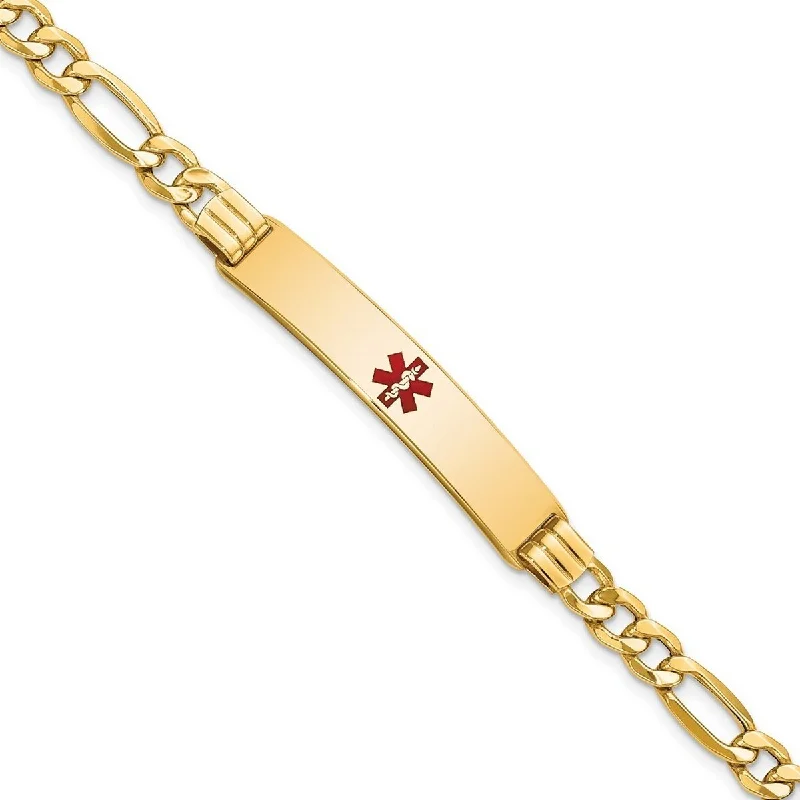 Women's designer bracelet-Curata 14k Yellow Gold 7mm Engravable Medical Red Enamel Figaro Link ID Bracelet