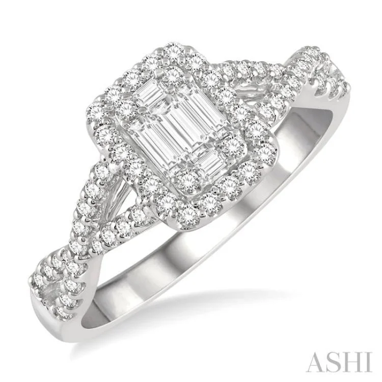 Women’s stackable engagement ring-1/2 Ctw Entwined Shank Baguette & Round Cut Fusion Diamond Ring in 14K White Gold