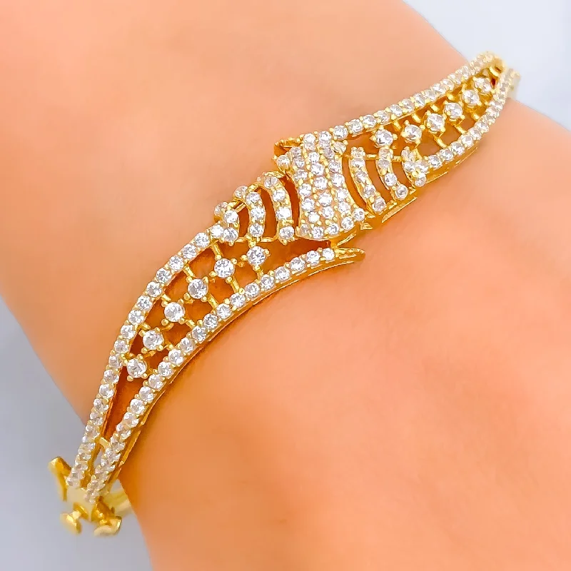 Women's heart bangle-Distinct Stunning Striped 22k Gold CZ Bangle Bracelet