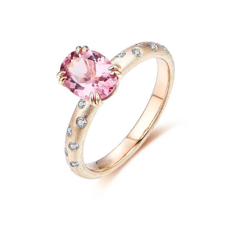 Women’s vintage engagement ring styles-Oval Pink Tourmaline Sand Finish Diamond Ring