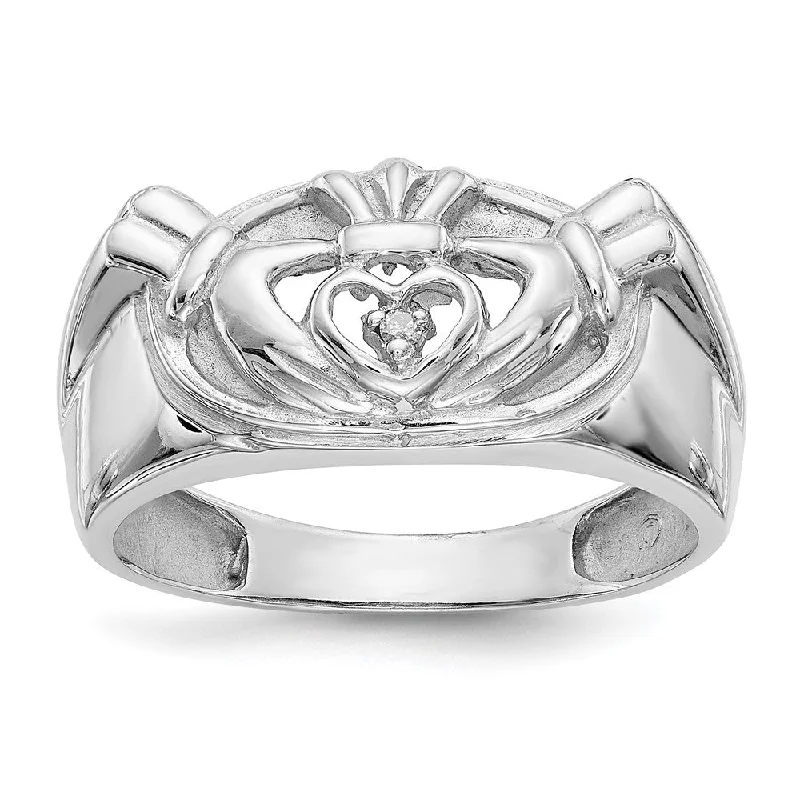 Birthday gift women’s ring-14k White Gold Men's Claddagh Band AA Dia Ring