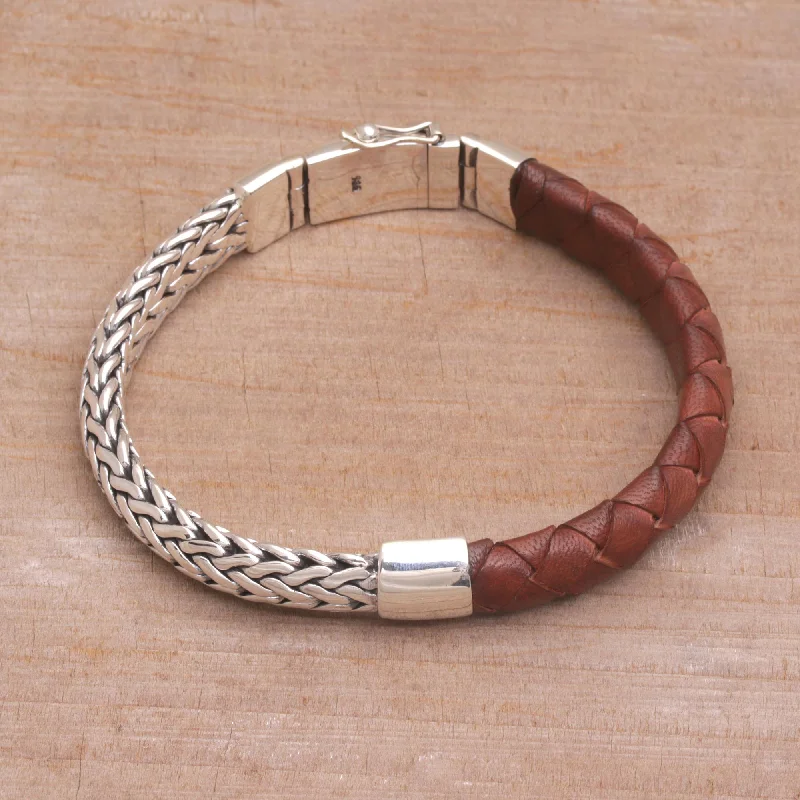 Women's handcrafted bangle-Men's Halfway to Home Sterling Silver Leather Bracelet