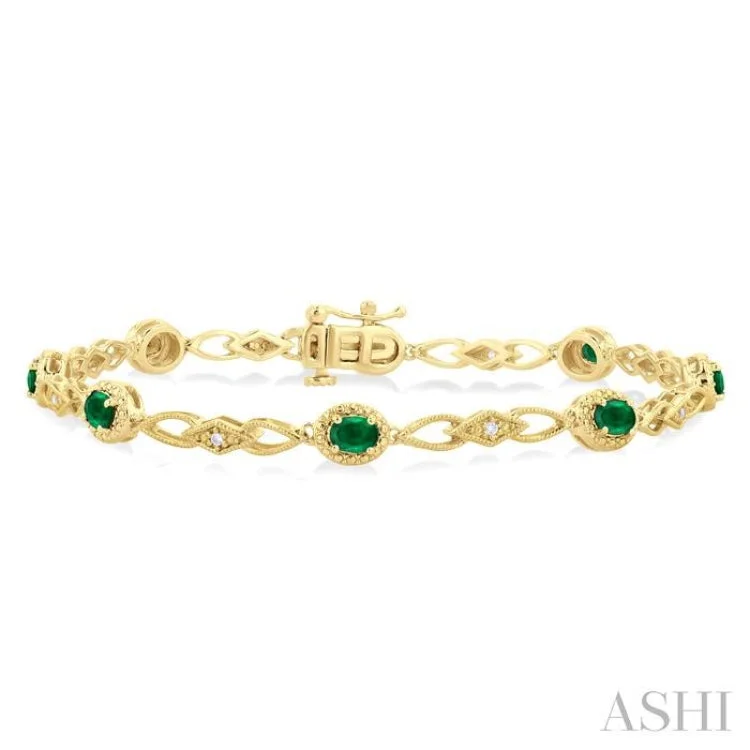 Women's stylish bangle-1/20 Ctw Oval Cut 4X3MM Emerald and Round Cut Diamond Precious Fashion Bracelet in 10K Yellow Gold