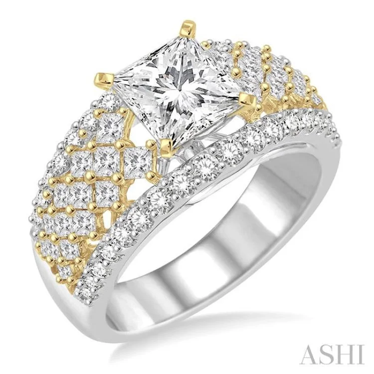 Women’s three-stone engagement ring-1 1/2 Ctw Diamond Semi-mount Engagement Ring in 14K White and Yellow Gold