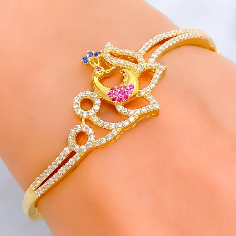 Women's modern bracelet-Magnificent Floral Peacock 22k Gold CZ Bangle Bracelet