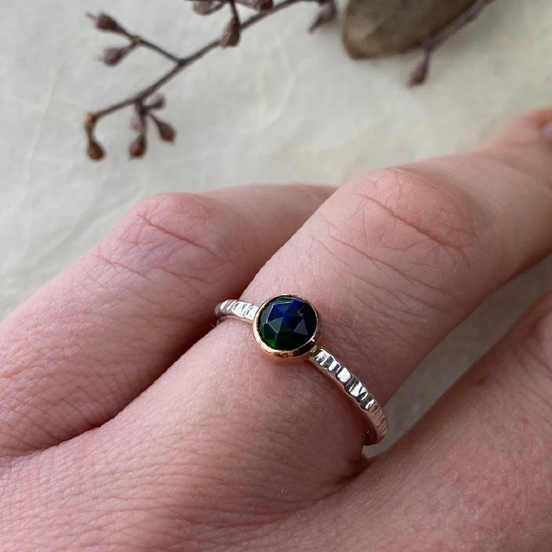 Women’s classic jewelry rings-Rose Gold and Silver Black Opal Ring