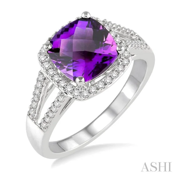 Women’s engagement ring for special occasions-8x8 MM Cushion Cut Amethyst and 1/4 Ctw Round cut Diamond Ring in 10K White Gold