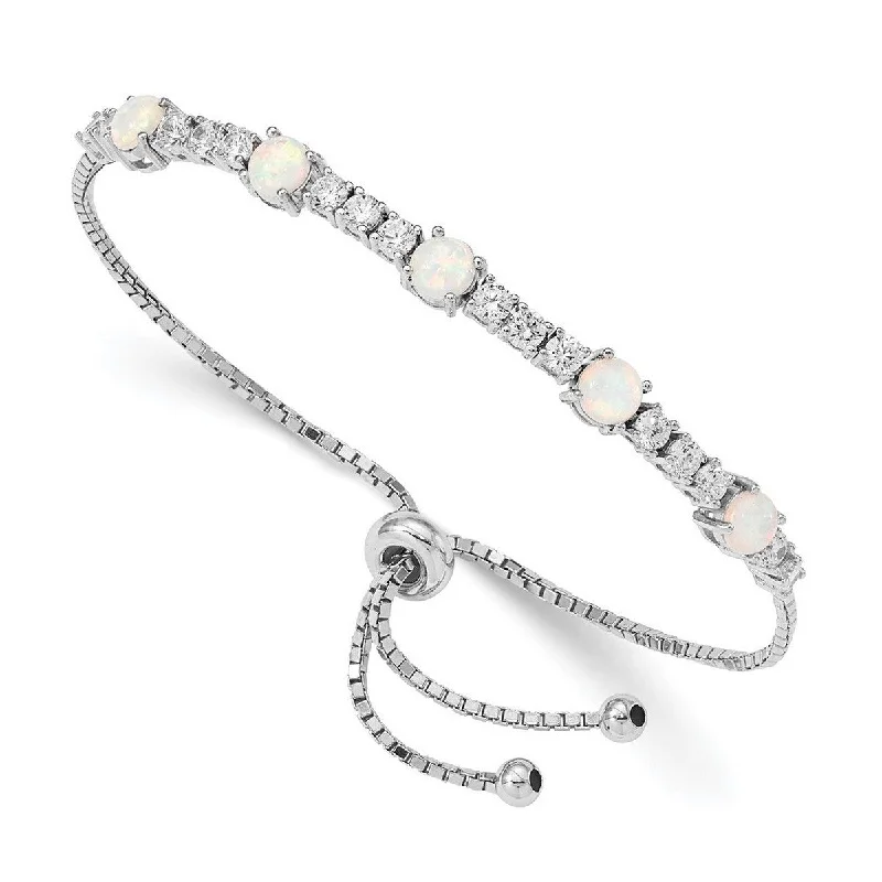 Women's classic bracelet-Curata 925 Sterling Silver Rhodium Plated Simulated Opal and Cubic Zirconia Adjustable Bracelet