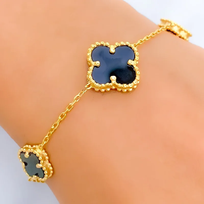 Women's gemstone bangle-Majestic Black Onyx 21k Gold Clover Bracelet