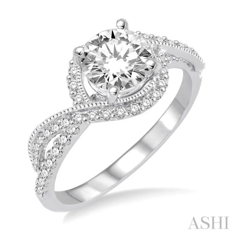 Women’s multi-stone engagement ring-7/8 Ctw Diamond Engagement Ring with 1/2 Ct Round Cut Center Stone in 14K White Gold