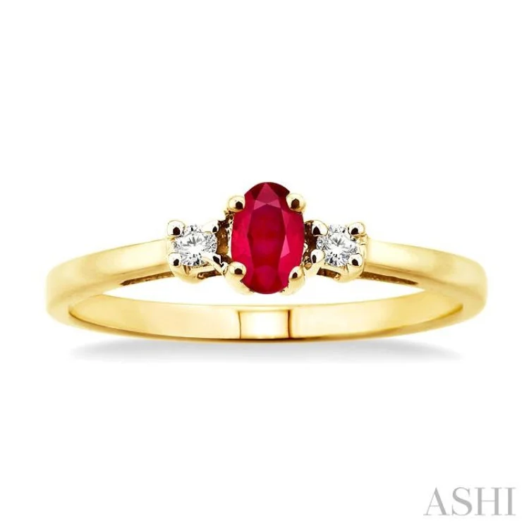 Women’s custom gold engagement ring-5x3mm Oval Cut Ruby and 1/20 Ctw Round Cut Diamond Ring in 10K Yellow Gold