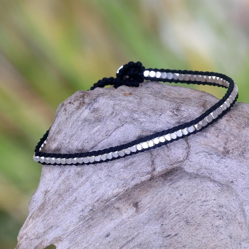 Women's crystal bracelet-Black Moonlight Path Hand Knotted Black Bracelet with Sterling Silver Beads